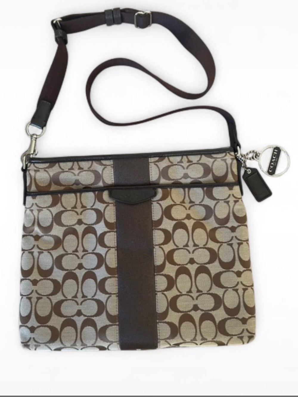Coach Brown Signature Jacquard Crossbody with Dark Trim